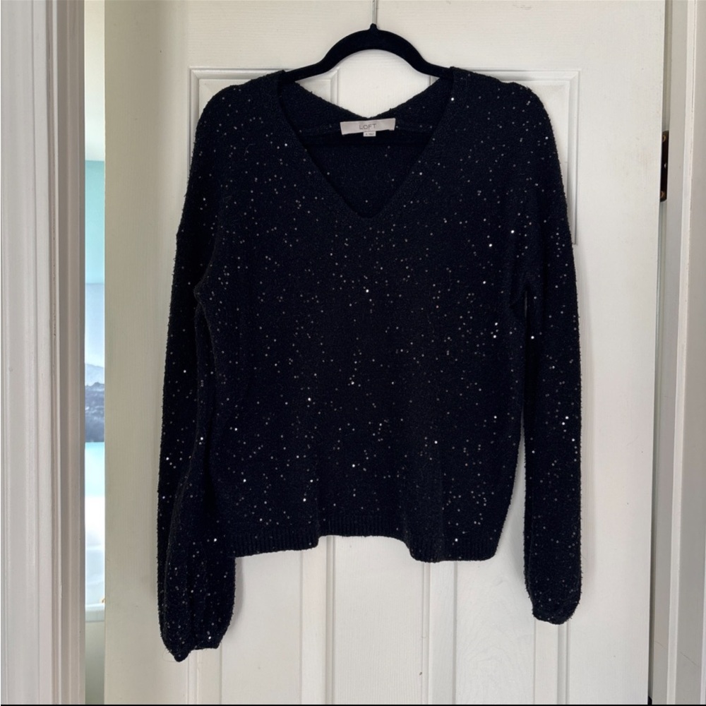 LOFT Black V-Neck Sweater with Sparkle